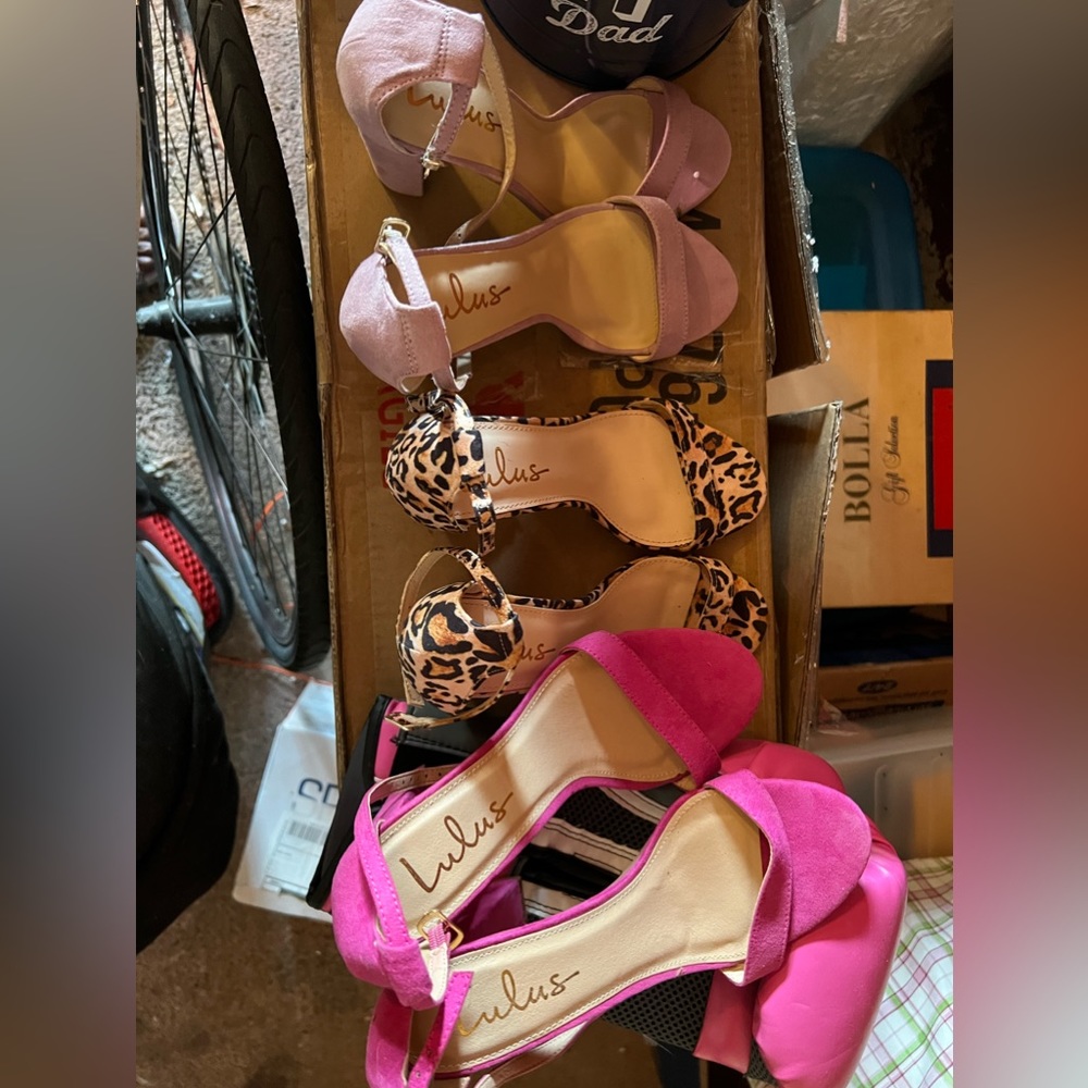 Three lulus ankle strap heels multiple colors as shown; worn leopard shoes once
